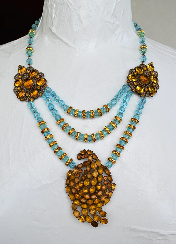 adorn by samouce_Art Deco amber glass brooch fur clip aqua bead necklace.jpg