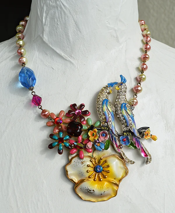 adorn by samouce_Art Deco rhn bird pansy bouquet necklace.jpg