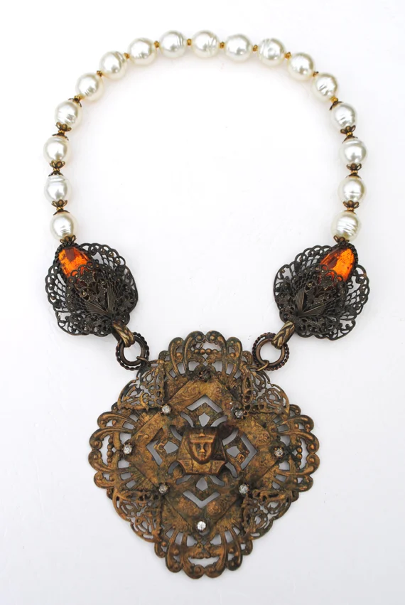 adorn by smouce_egyptian revival brass brooch cape hook pearl necklace3.jpg