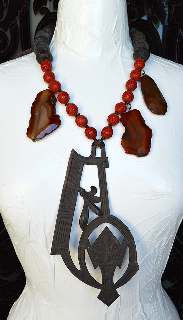 adorn by samouce_antique iron decor Cinnabar agate african glass necklace.jpg