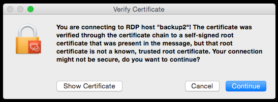 Self-signed "Verify Certificate" warning message