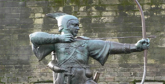 Robin Hood Nottingham statue banner.jpg