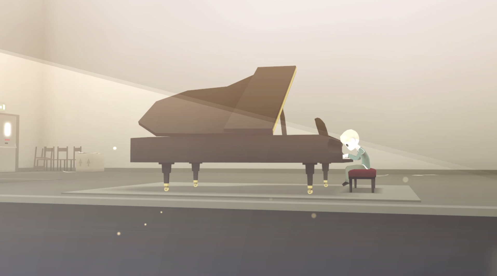 The External World (2010): a boy plays piano among dust particles and streams of light.