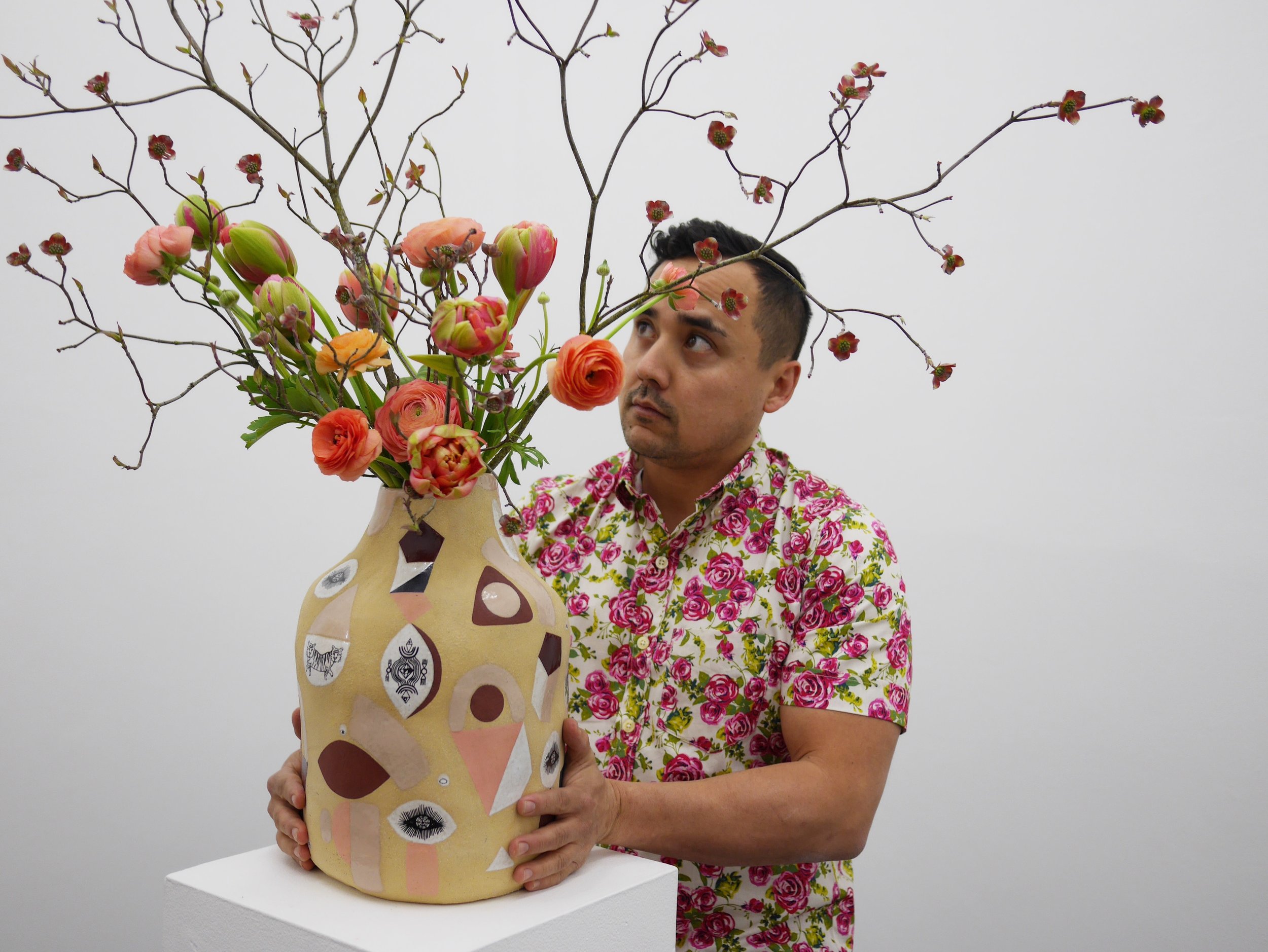 Artwork by Emily Counts with flowers by Portland florist Hilary Horvath Exhibition: The Way of Flowers Pictured: Michael Endo, Dust to Dust Co-director