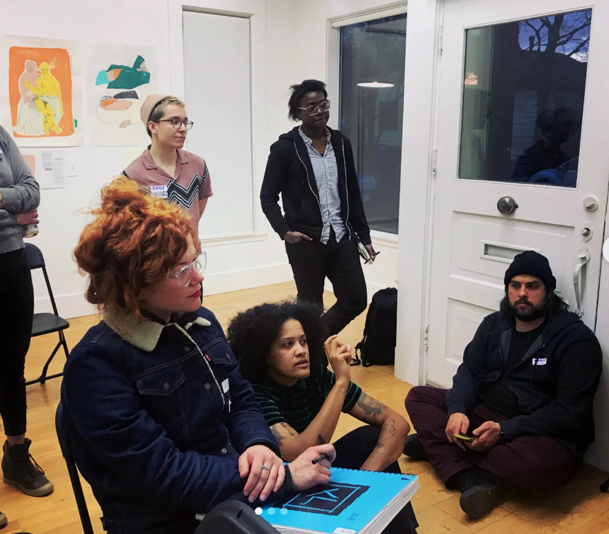 Prequel 2018 Group critique with guest Kemi Adeyemi. Clockwise from right: Marcelo Fontana, Alan Page, Pace Taylor (Pace’s artwork seen in the background), Emily Wise, Kemi Adeyemi.