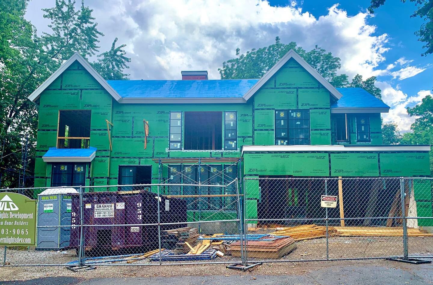 Framing is complete on this Newton, MA design. Can&rsquo;t wait to see this continue to come together! Swipe to check out the rendering of our vision for the final product. Those windows 😍