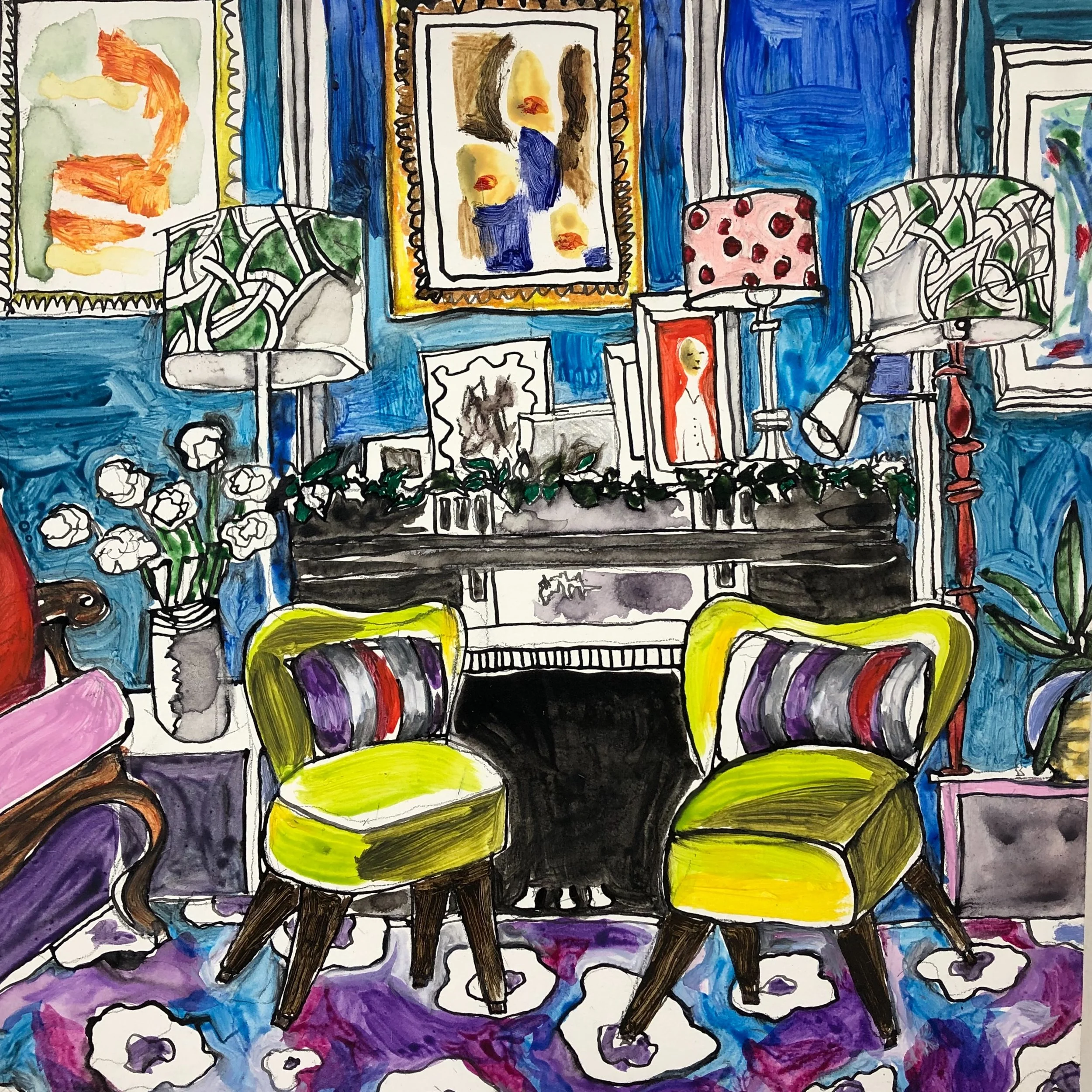 French Fun 10” x 10” Ink, acrylic, watercolor