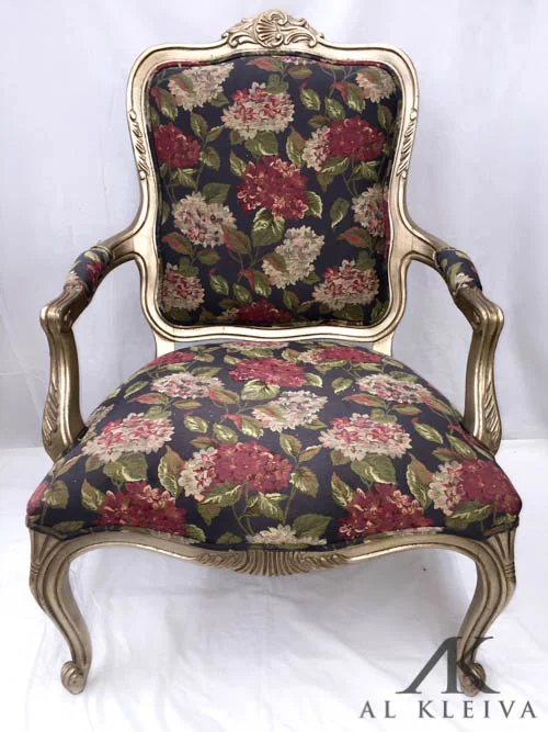French Bergere style arm chair with gold wood