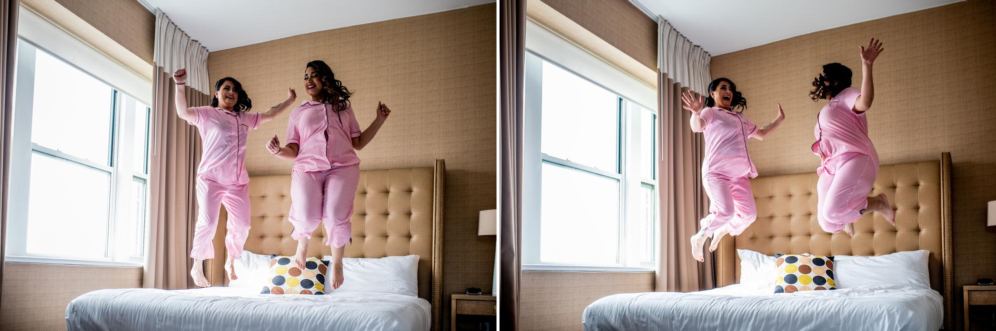 Bride Jumping on Bed | Pink Pajamas | Shooting for Kit and Bug Photography | Asbury Park Photographer | Spring Lake Photographer | Wedding Photographer | Jersey Shore Photographer