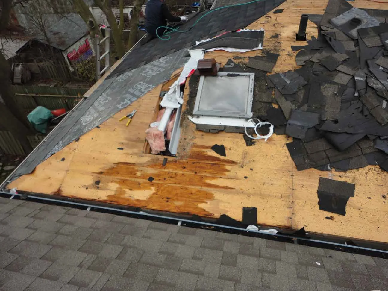 Skylight leak is obvious. We cut a hole to install a new bathroom fan (the original fan is very noisy and too small for the size of bathroom). 