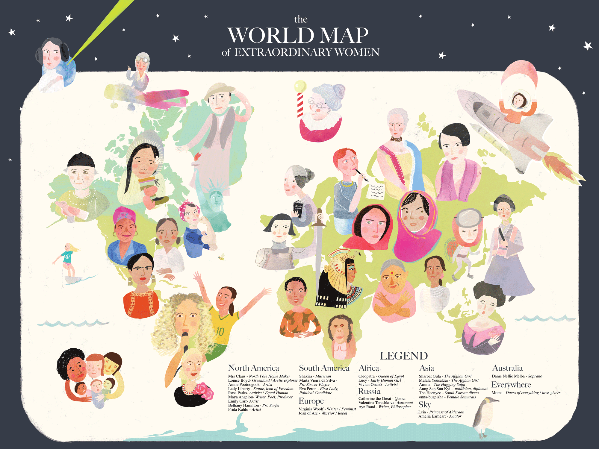 I created this map for International Womens’ Day 2017. I had such fun researching all of these awesome women. You can buy your own here! (Each purchase comes with a download talking about each woman).