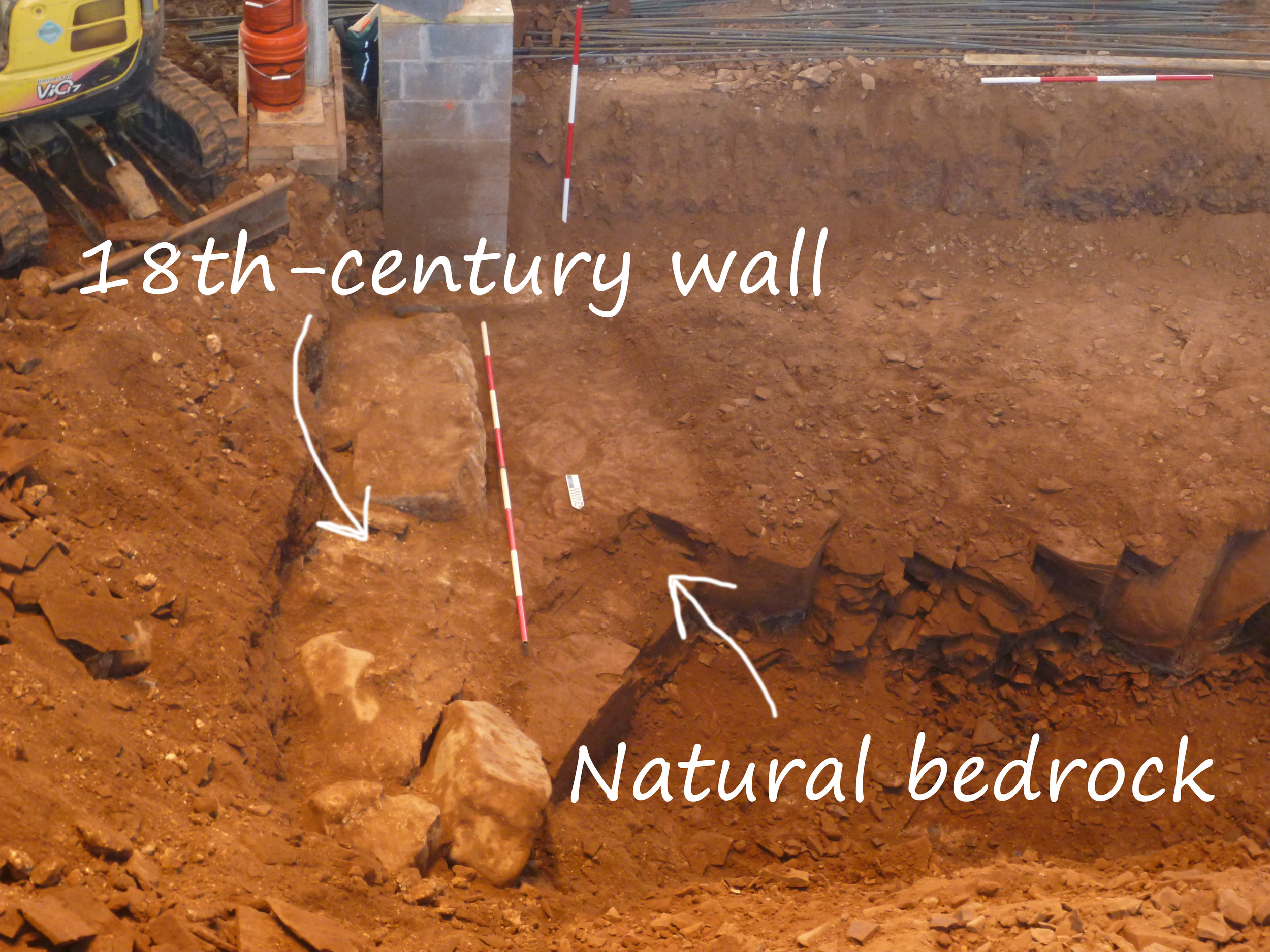 Interpreted east wall of the original 1767 church uncovered during excavation.