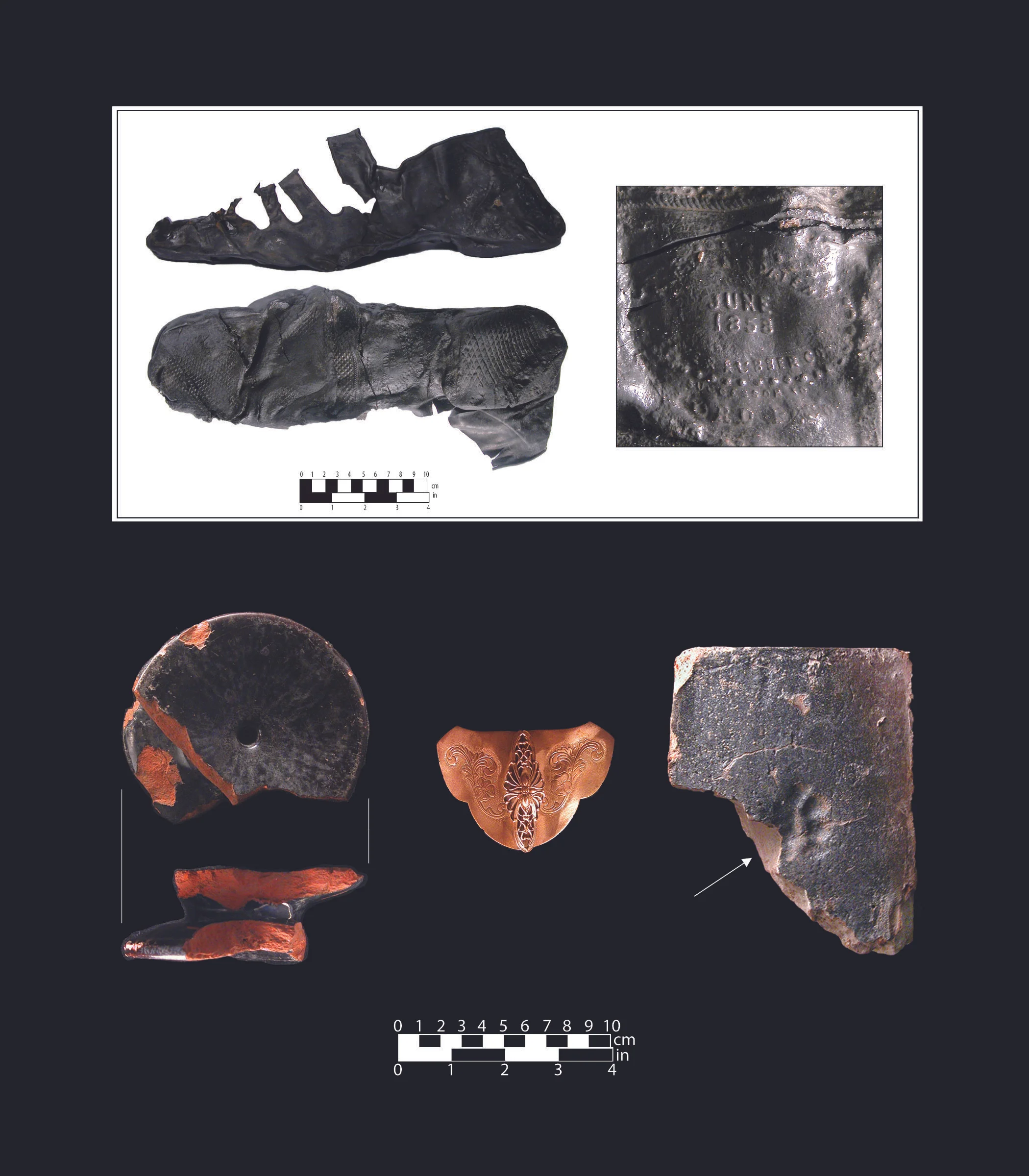 Shoe, pottery, barrette, brick with cat paw print