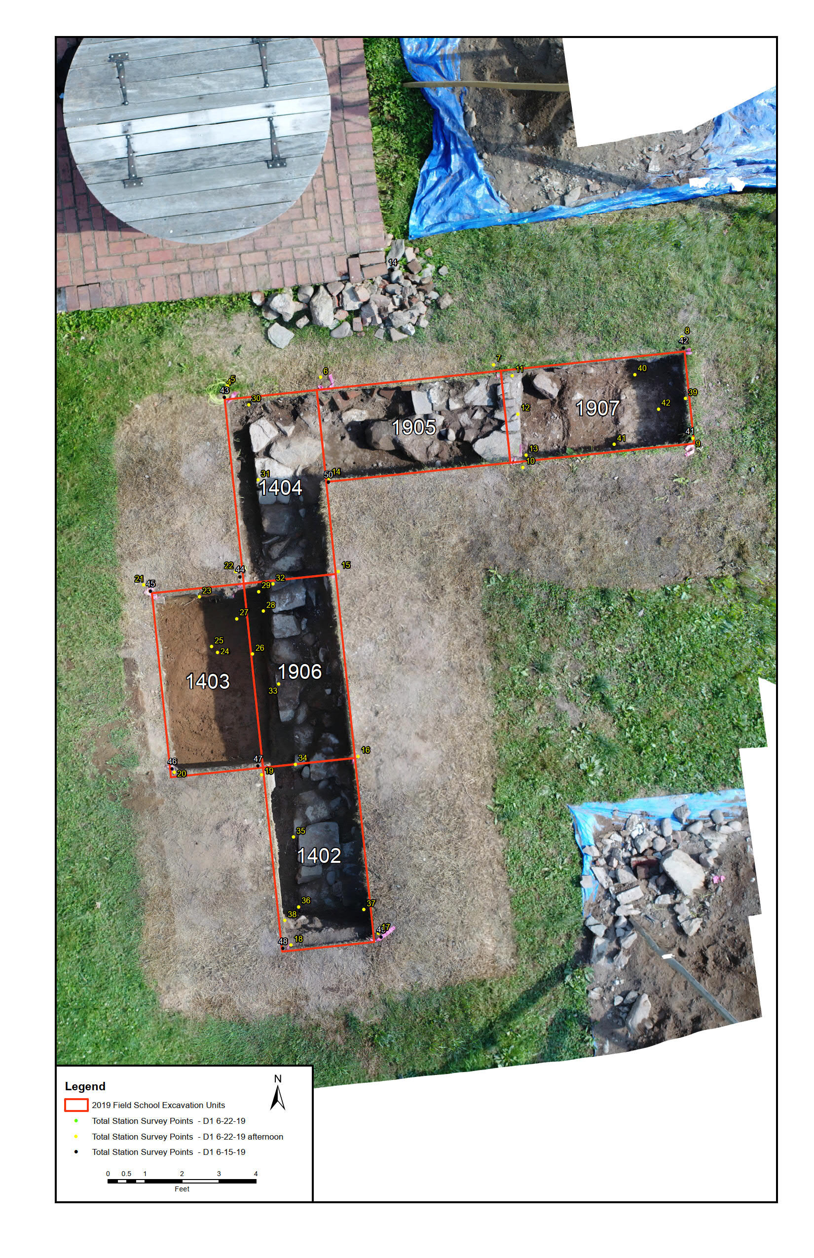 19018 In Progress Site Plan of Kitchen Wing with 2019 Excavation Unit Locations and Survey Points - Aerial 10.10.19_1.jpg