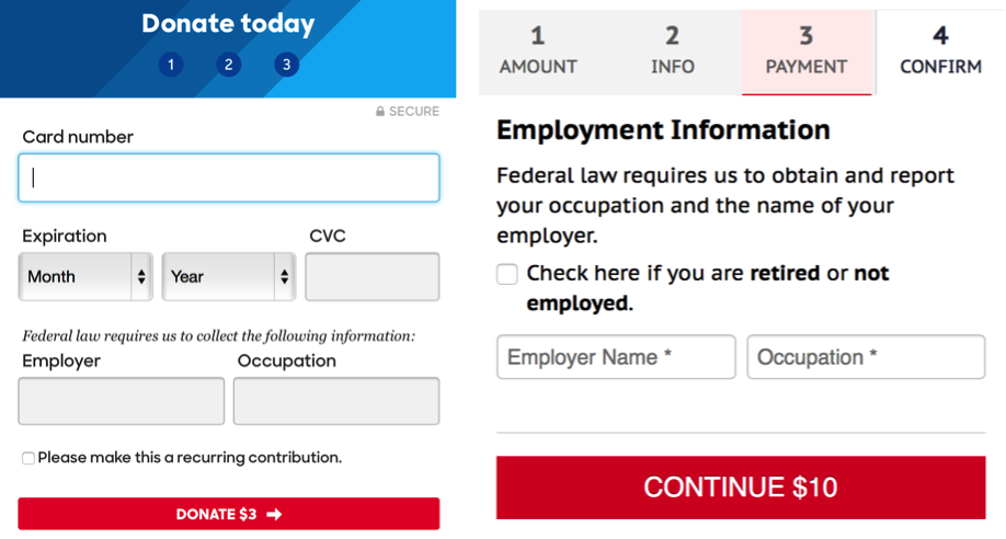 Left : The payment screen of Clinton's donation page. Right : The payment screen of Trump's donation page. 