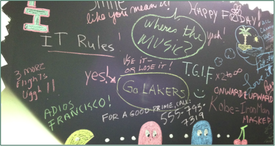  Chalkboard paint in the stairwell subtly nudges employees to skip the elevator. 