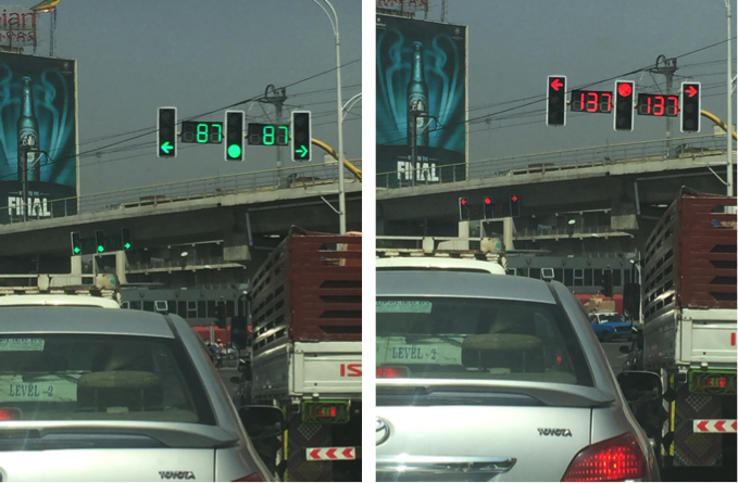 Countdown timers next to traffic lights in Addis Ababa, Ethiopia, are intended to promote safer driving. 