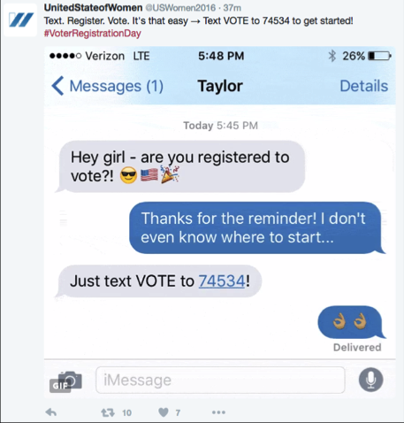 By texting VOTE to 74534, you can receive personalized information about registration and voting, as well as nudges to help you follow through on your intention.