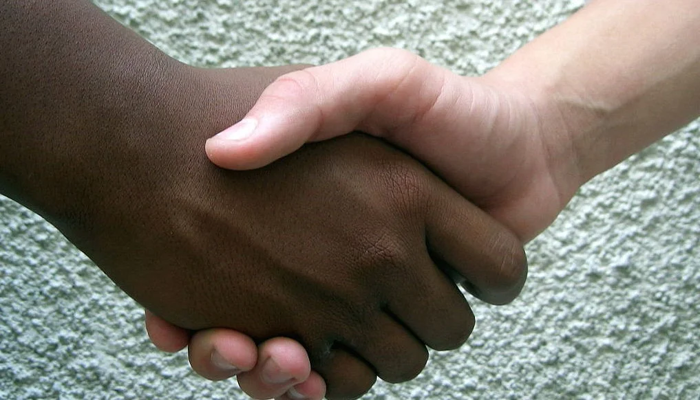 En ljushyad och en mörkhyad hand skakar hand.