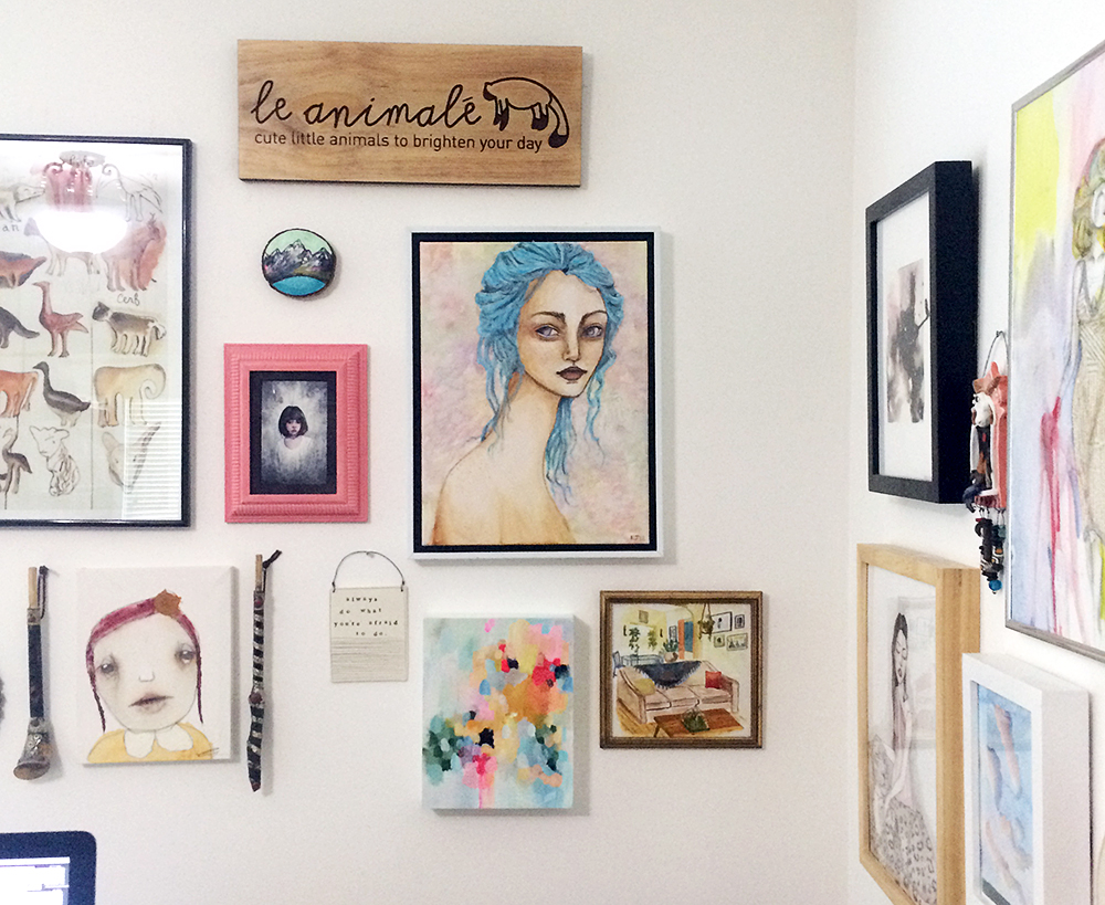 Current arrangement in my studio. A poster from my trip to Palais Ideal in France, a portrait entitled "Laura" from Christina Romeo surrounded by two Berber instruments, a watercolor painting by Ellen Wilberg , a small mountain on cedar by Cathy McMurray , my le animalé sign, a blue-haired portrait by my sister Kayla, a ceramic plaque from mbartstudios that reads, "always do what you're afraid to do", newest painting from my friend Devon , and an interior painting from my friend Frances' 100-day project.