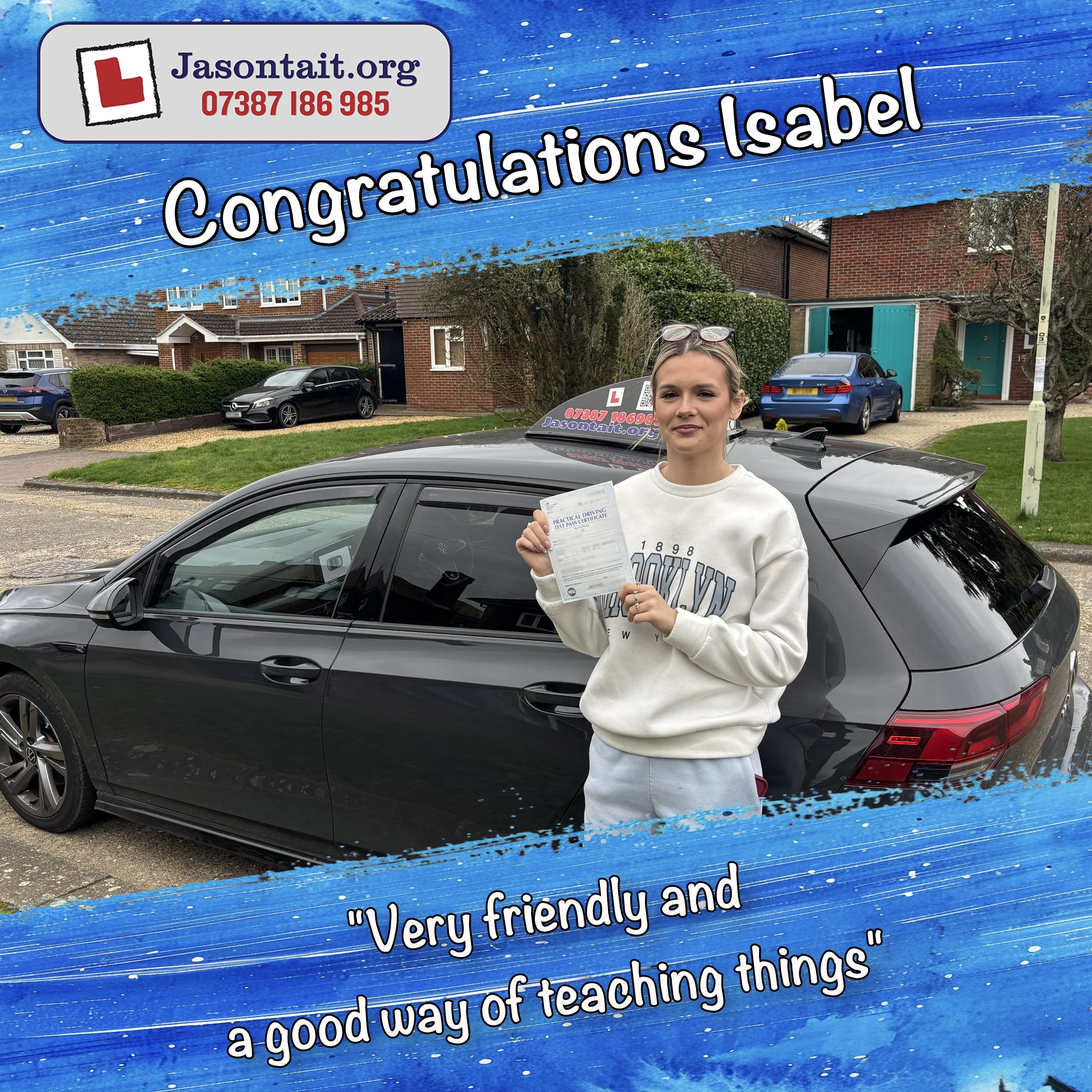 Isabel after passing her test in Bedford with Jason Tait Driver Training
