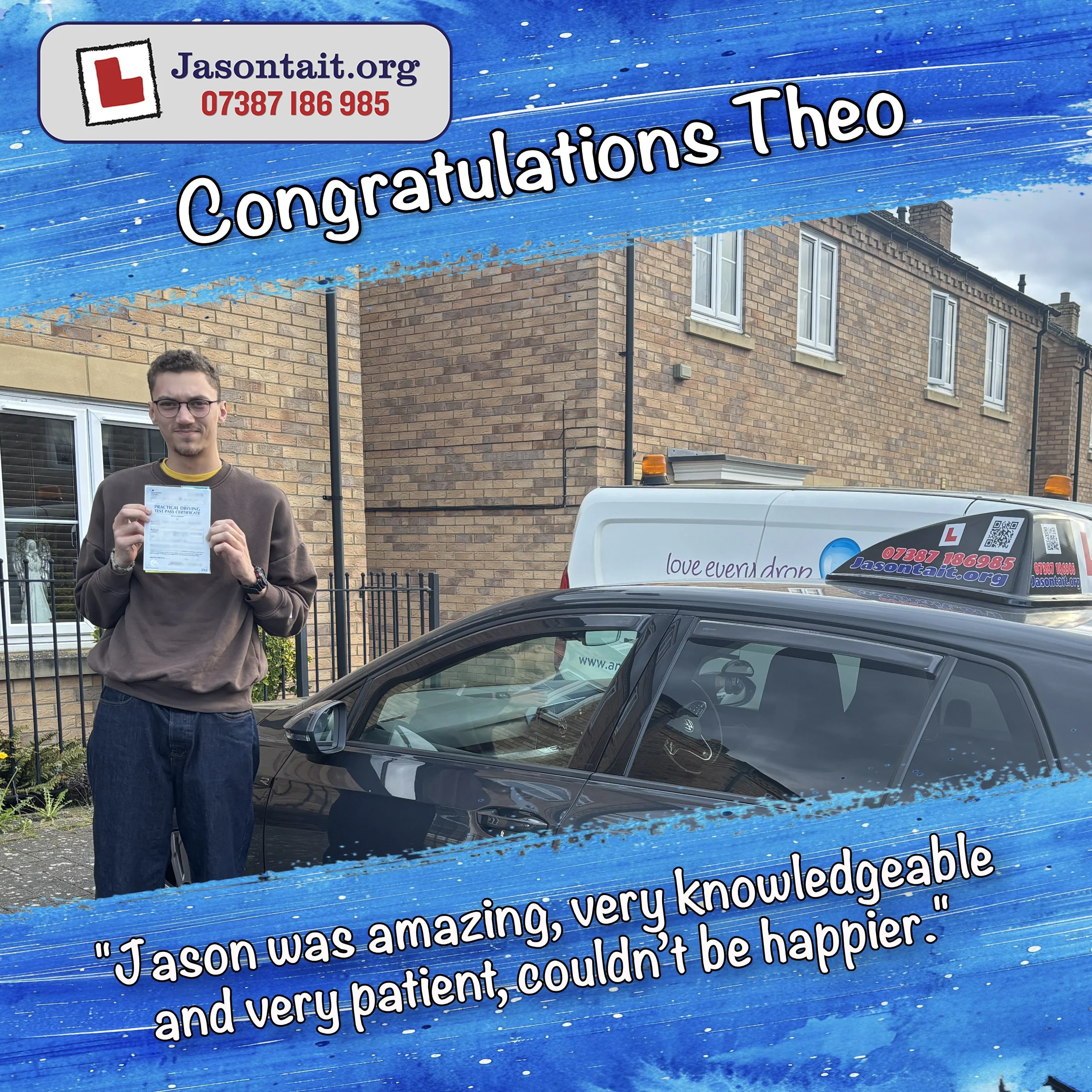 Theo after passing her test in Bedford with Jason Tait Driver Training