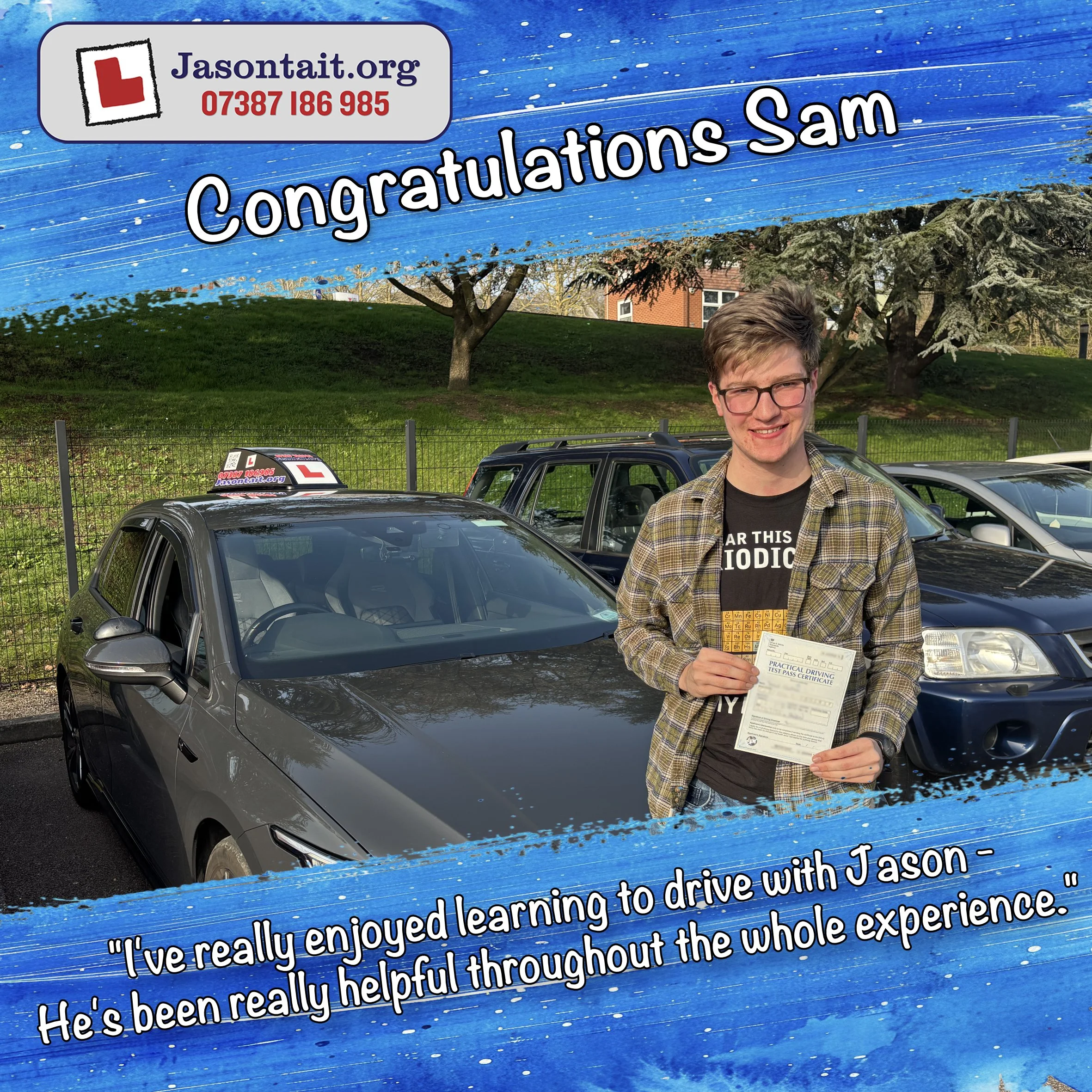 Sam after passing her test in Bedford with Jason Tait Driver Training