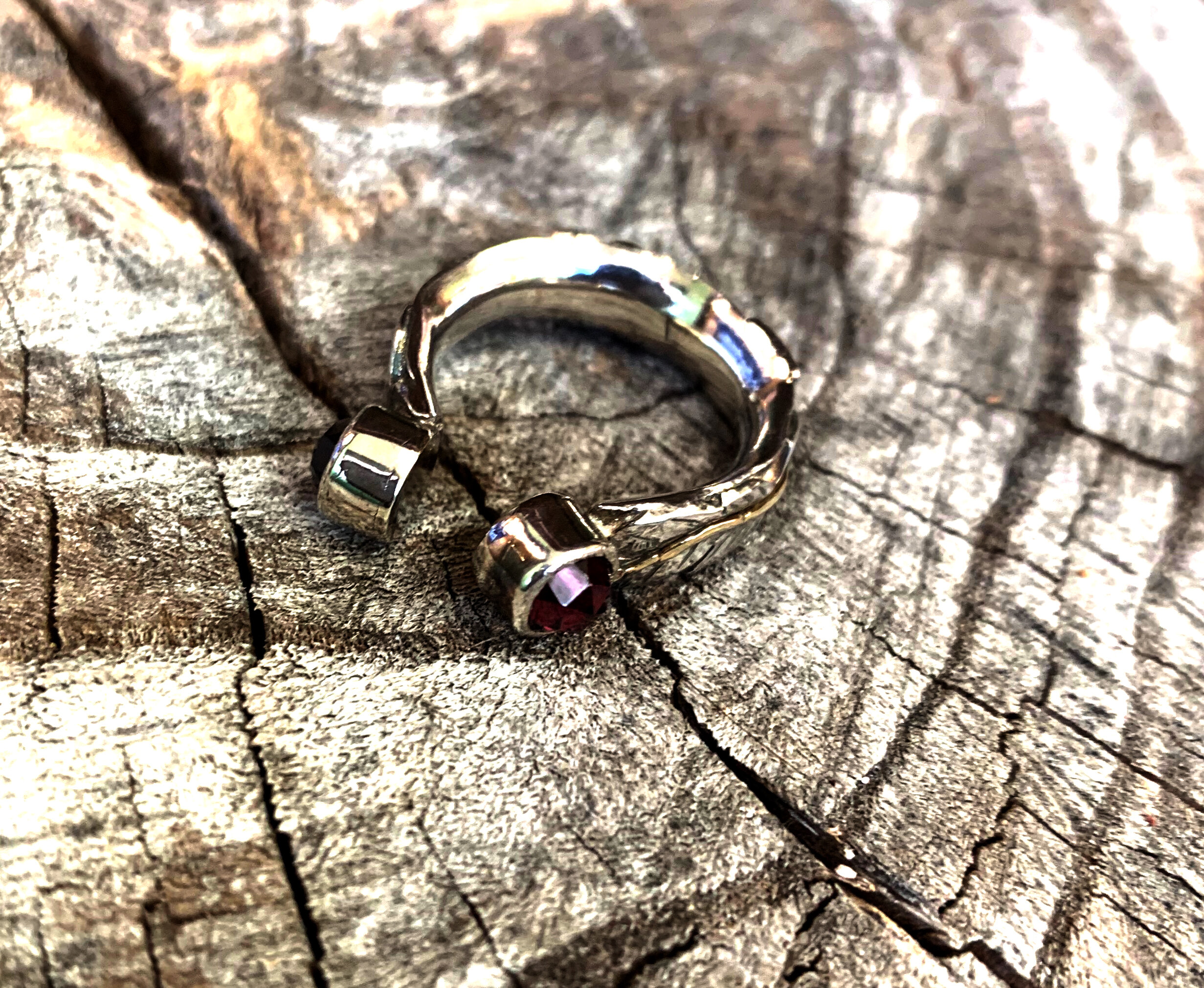 Sterling and gold ring with garnets omega ring