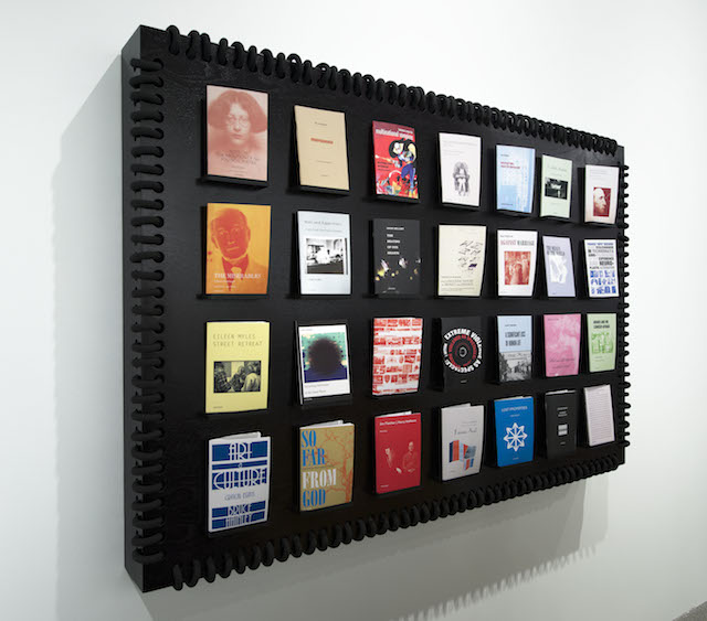 Detail view of “Semiotext(e): New Series” (2014) by ‘Semiotext(e),’ Whitney Biennial 2014, Whitney Museum of American Art, New York (collection of ‘Semiotext(e),’ photo by Bill Orcutt)