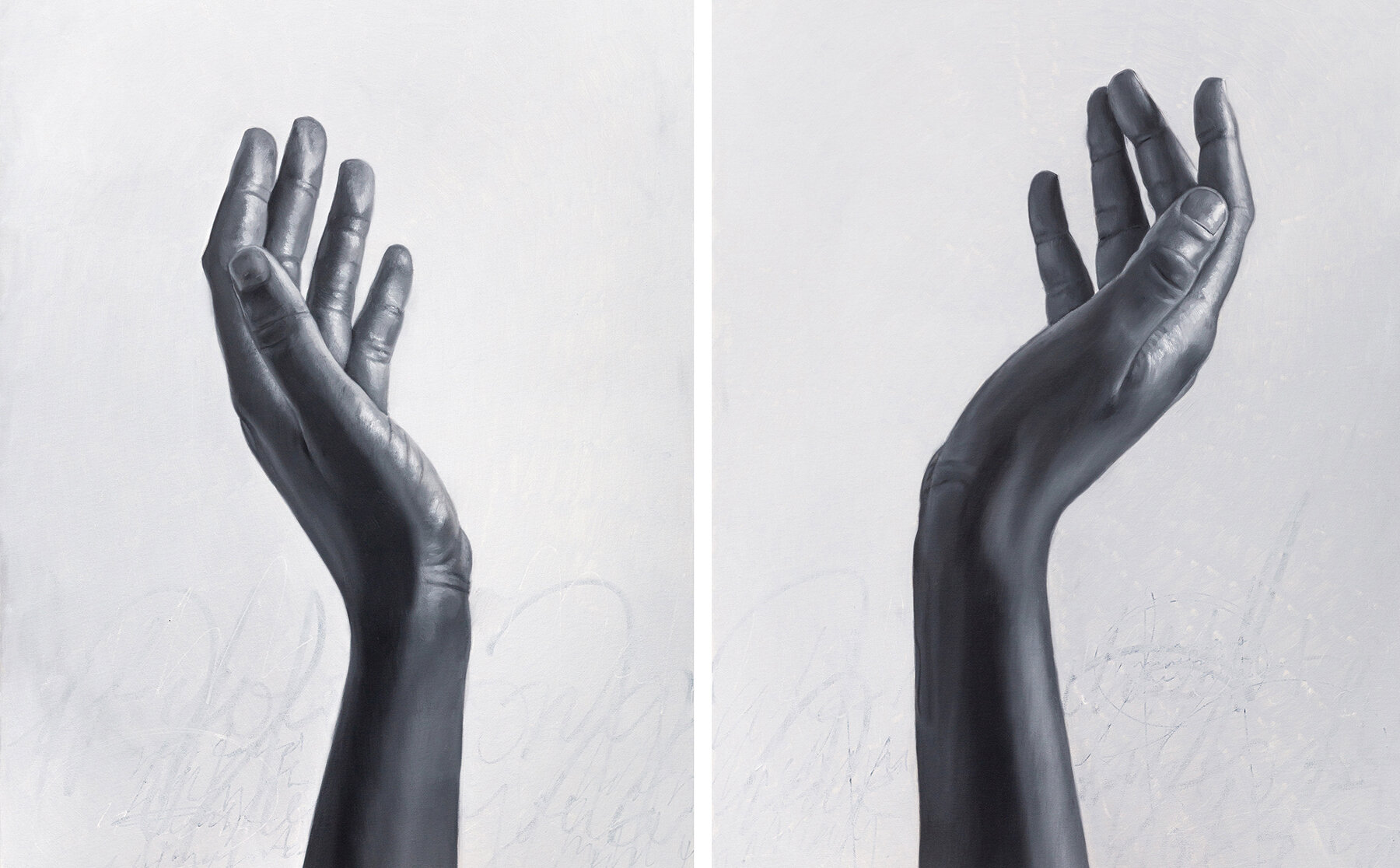   The Whole World in Her Hands  2019 oil and mixed media on canvas 60 x 40 in. / 152.4 x 101.6 cm diptych 