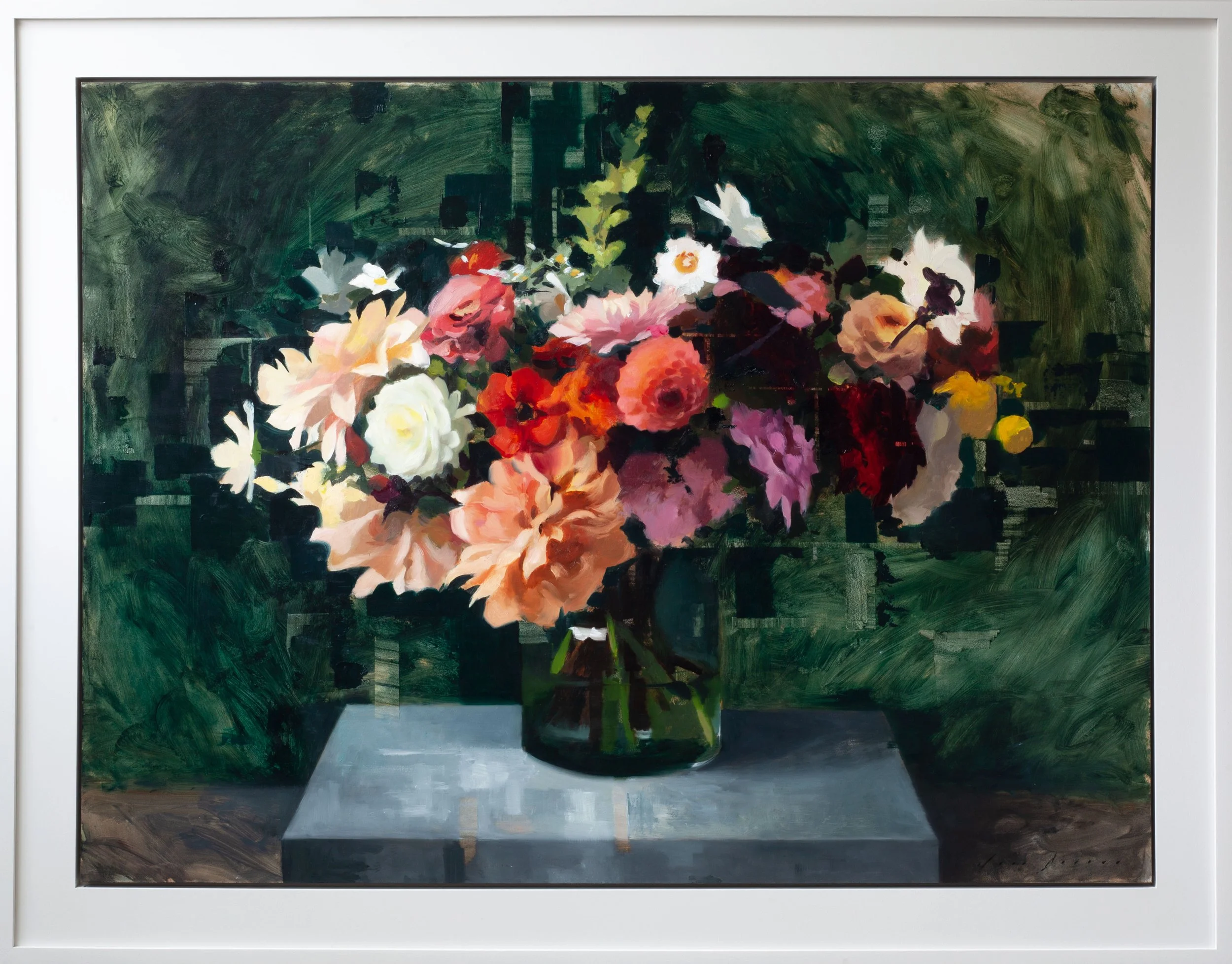 20 Autumnal Bouquet with Dahlias On Dark Green Framed (web).jpg