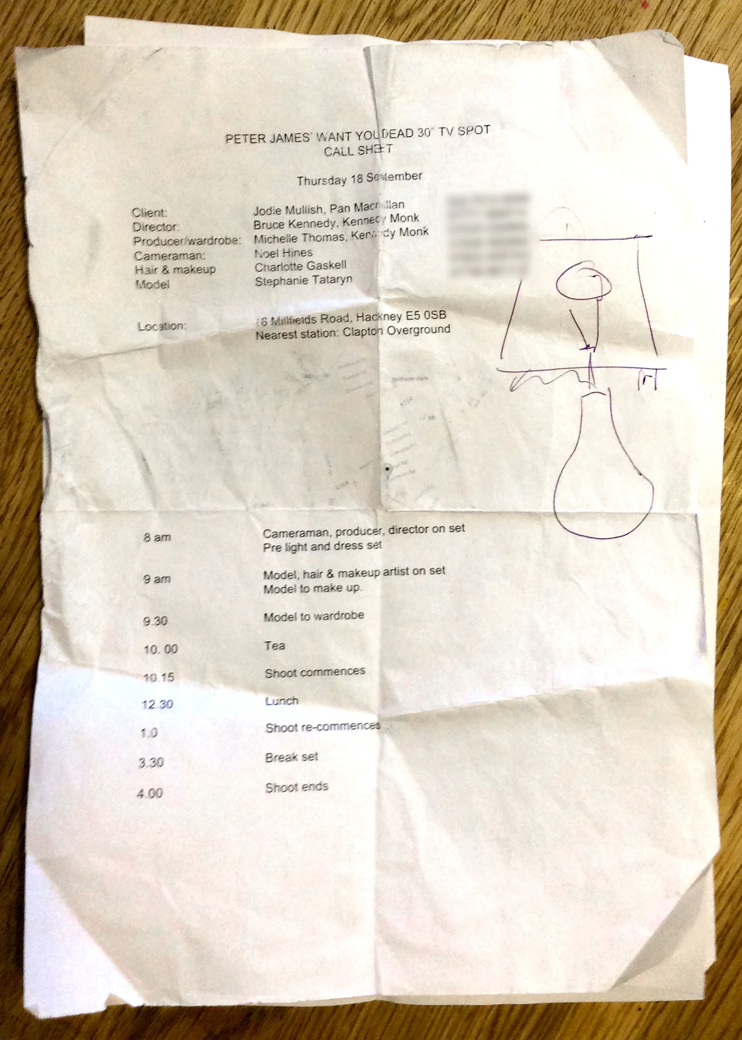  Original call-sheet for video shoot. 