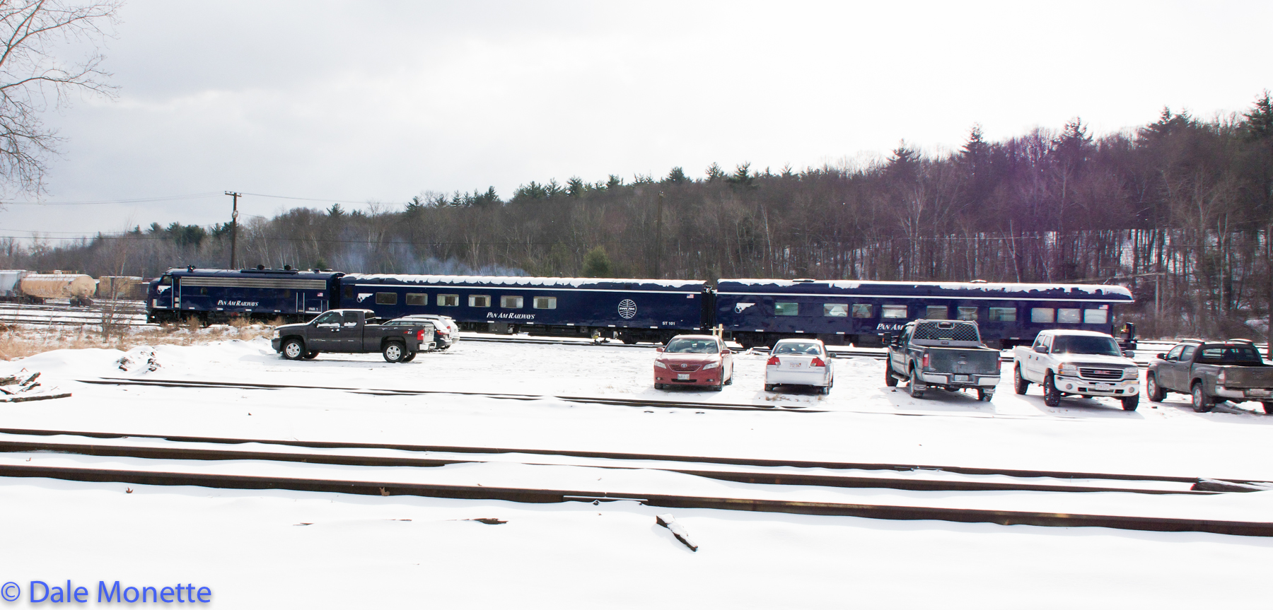 Pan Am F unit with coaches in East Deerfield yard, 12/14