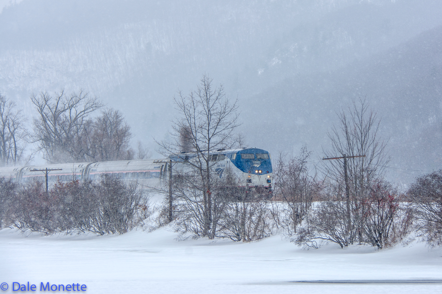 Amtrak Vermonter through Brattleboro in storm 2/15