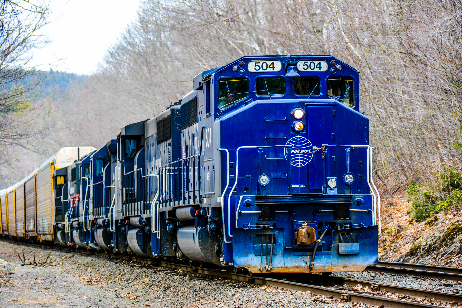 Pan Am heading west at Farley with an auto rack train...