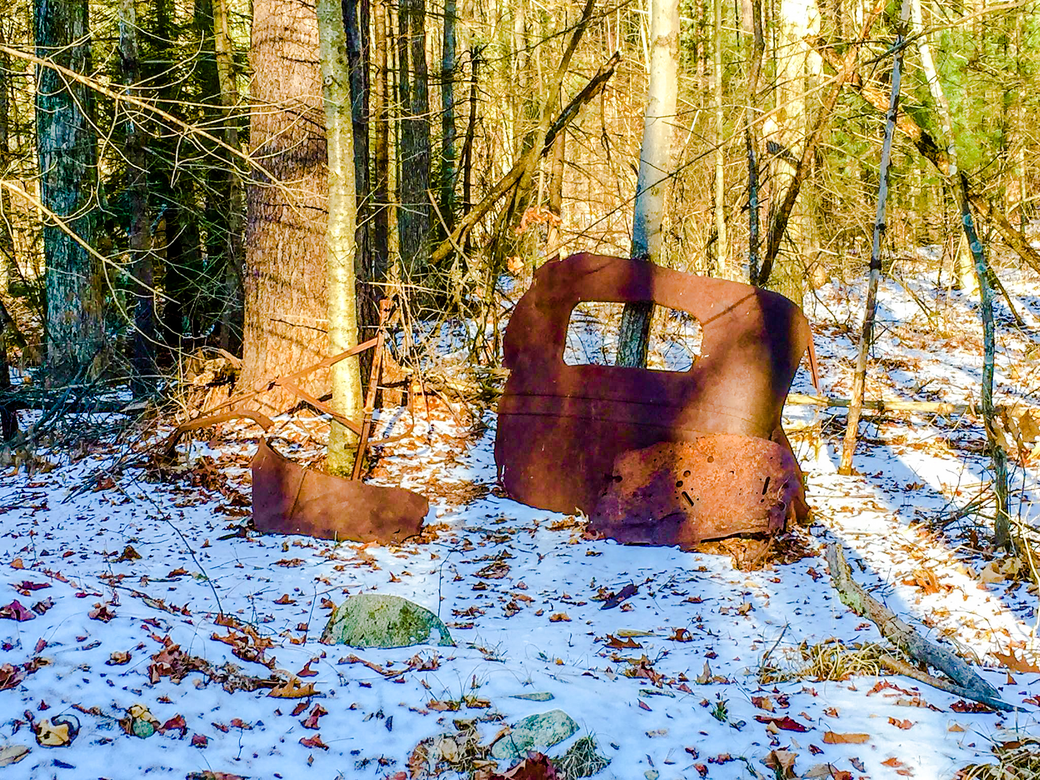   I found a rear end of an old car today in the woods of Quabbin. &nbsp;I wondered how long this has been standing here against this tree? &nbsp;1/21/16  
