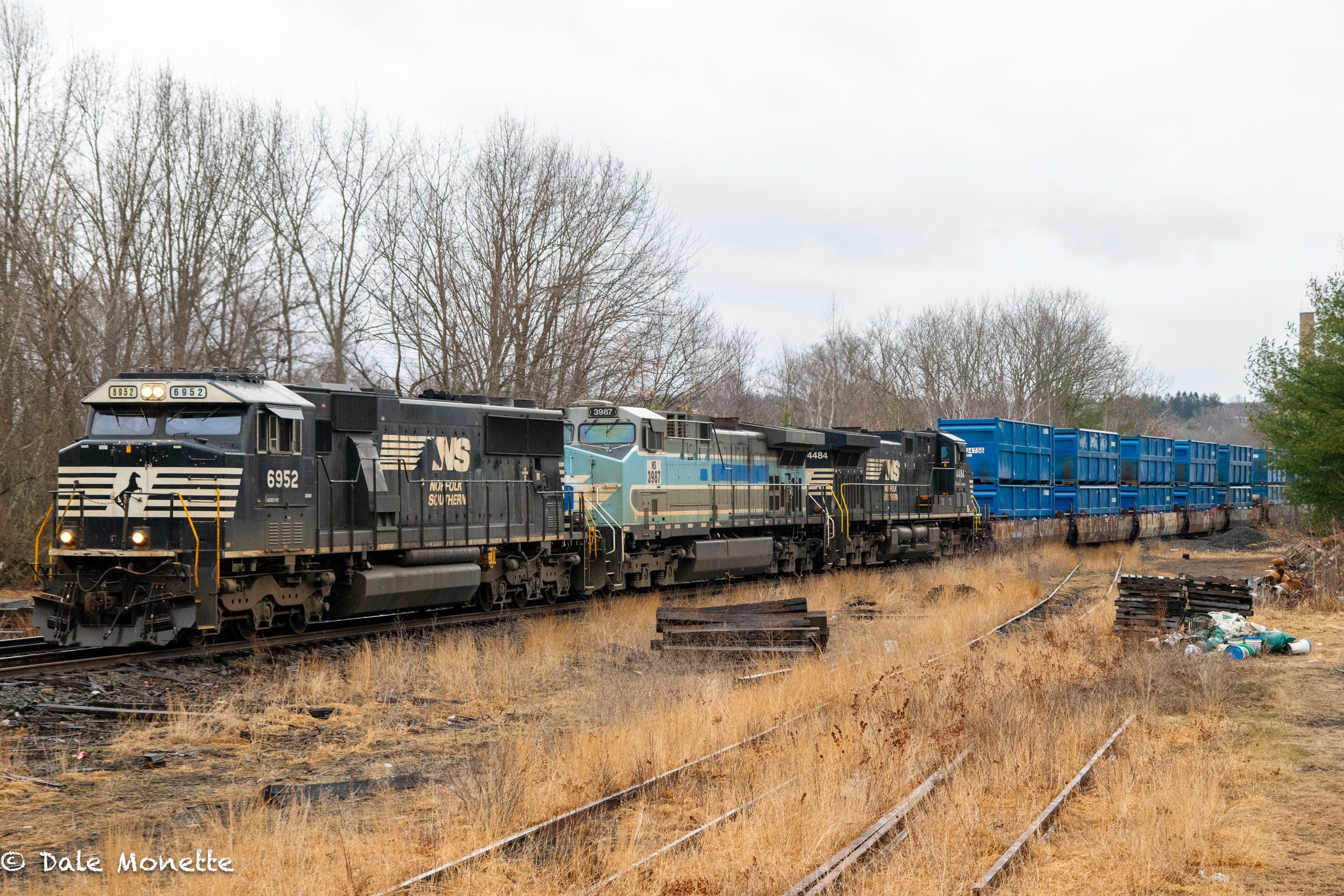   Thanks to a tip from a friend of mine in Gardner I was able to get these photographs of NS train B-101 Ayer MA to Chicago. It had a special guest sandwiched in between the 2 ponies. It was a blue, Central Maine &amp; Quebec RR engine. NS owns it bu