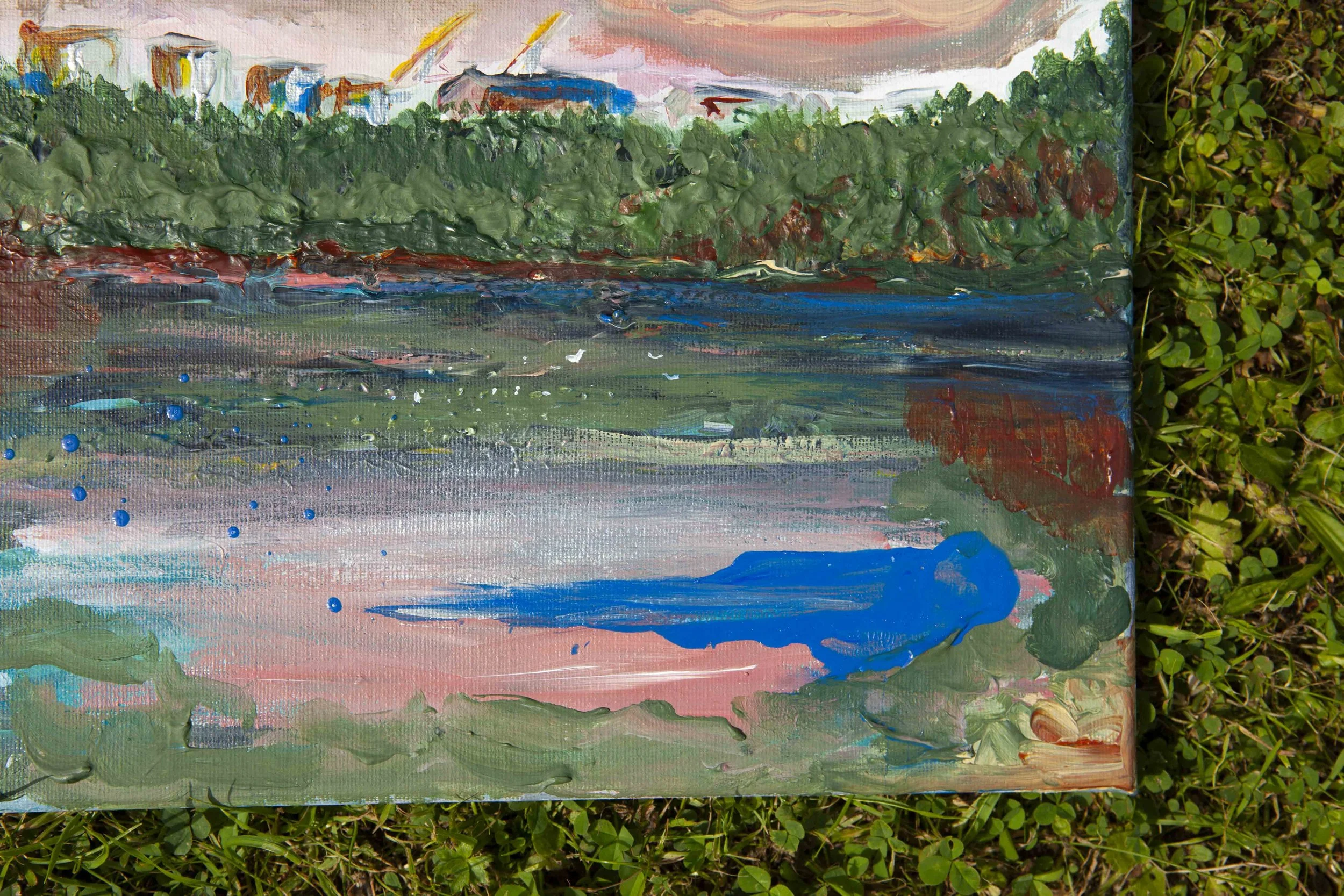 Painting of the Belfast docks and Harland and Wolff cranes by abstract artist Eimear Campbell