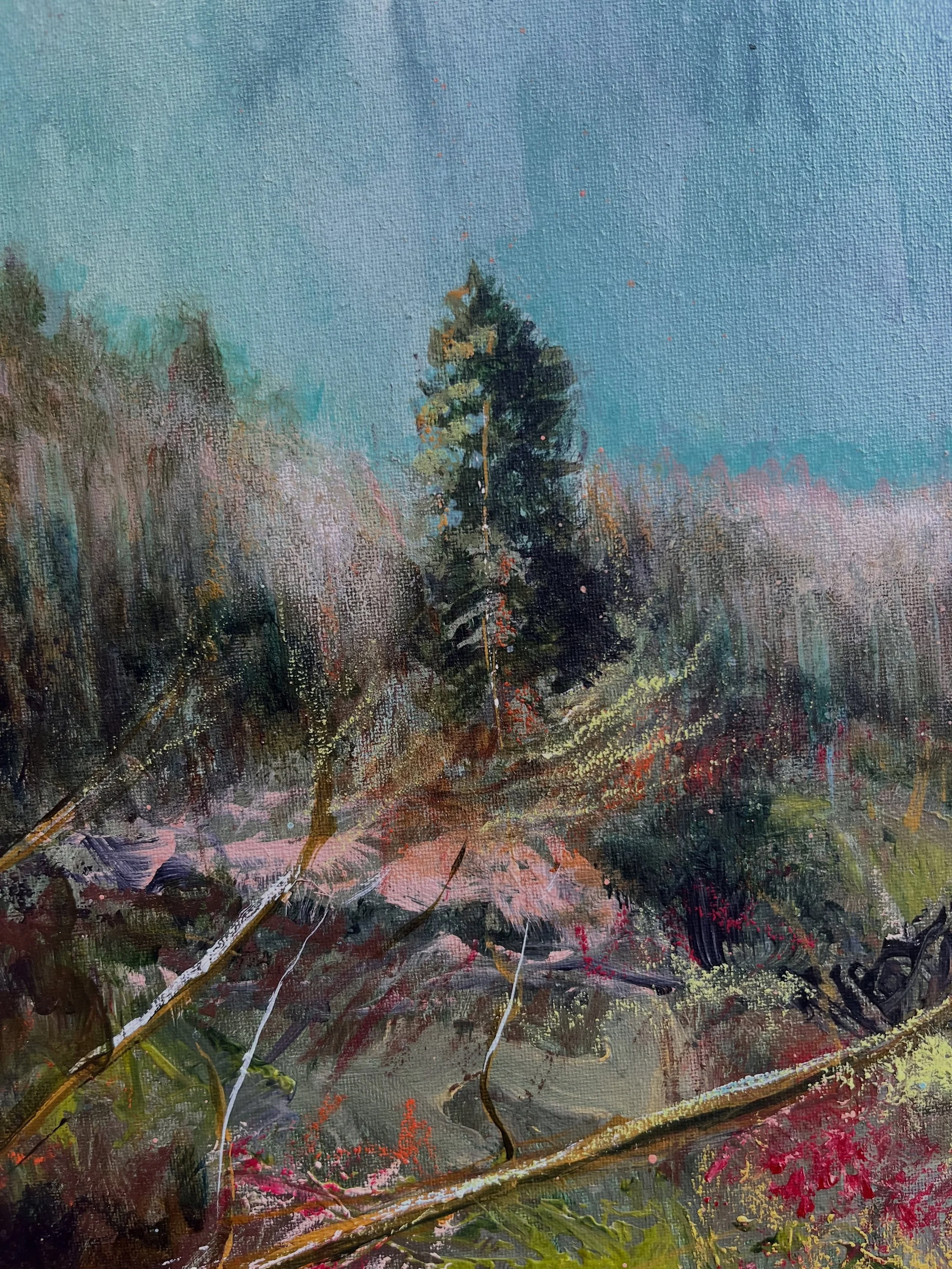 Some close up details of the layers of luscious paint and oil pastels that make my latest painting. 

New painting drop this Saturday morning at 7am! 
Titled &lsquo;Glenariff Falls&rsquo;