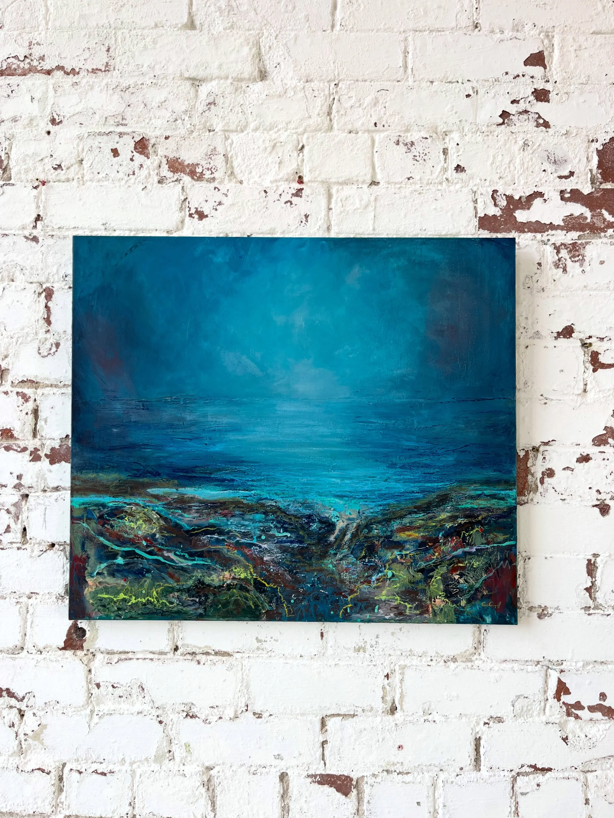Thall (Beyond) 

Standing on the edge looking out to sea, the sky blends into the horizon, I imagine what must live beneath the surface.

This piece is part of my new &lsquo;Changing Light&rsquo; collection. You can view the paintings in @terracotta.