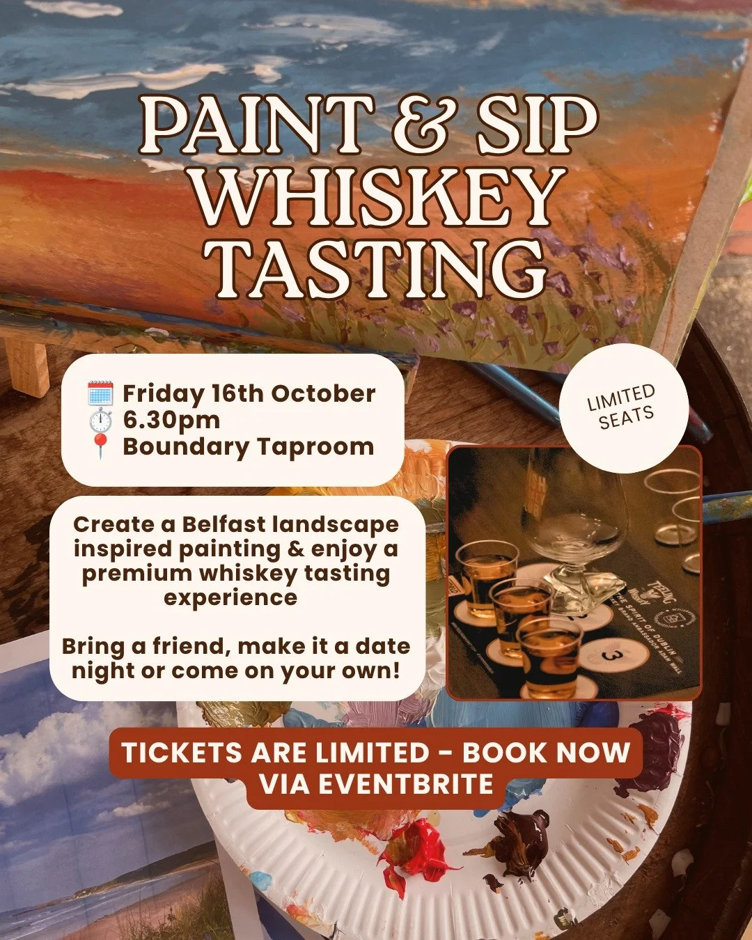 Fancy doing something a little different this Friday?

Tomorrow nights plans sorted!👍 We've got just a few tickets left for Friday nights workshop! I'm teaming up with Whiskey with Lee for an evening of whiskey tasting and painting at Boundary Tapro
