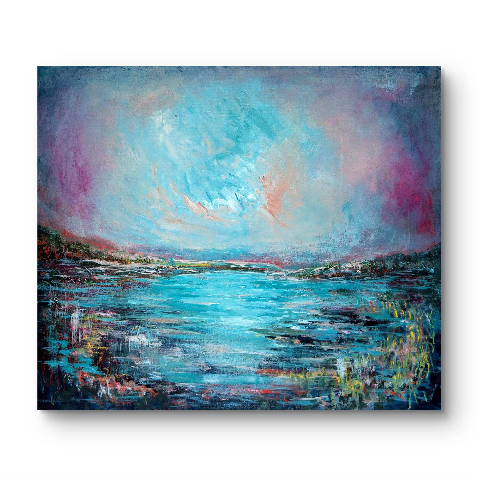 Original art abstract colourful landscape water painting by Irish artist Eimear Campbell