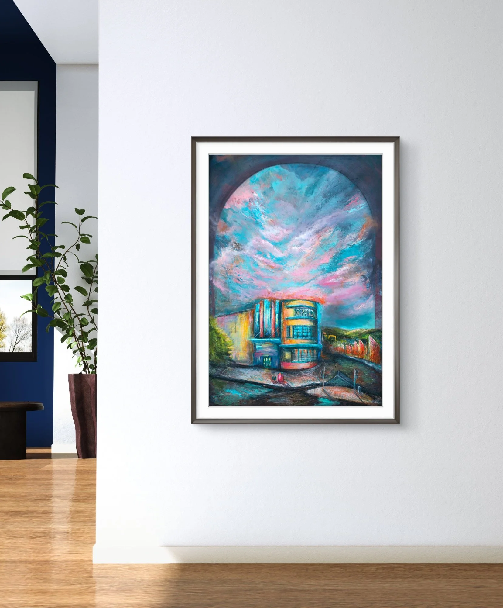 strand cinema painting, belfast art, harland and wolff cranes, slieve donard art, nature painting, irish art print, belfast artist, abstract art