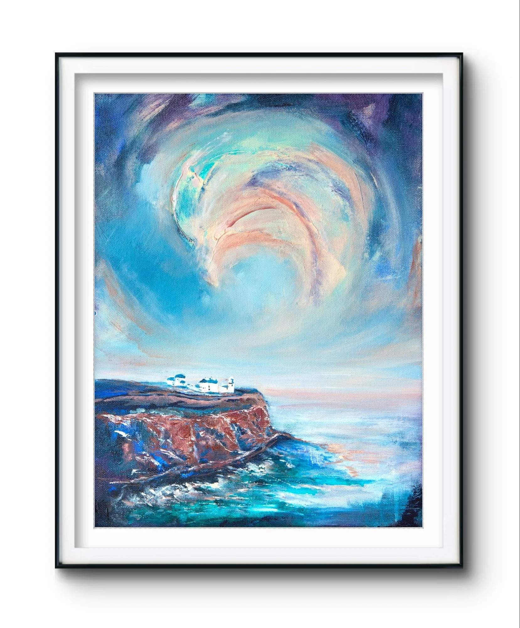 Blackhead lighthouse whitehead painting, north coast art, irish art print, lighthouse art, Belfast artist Eimear Campbell