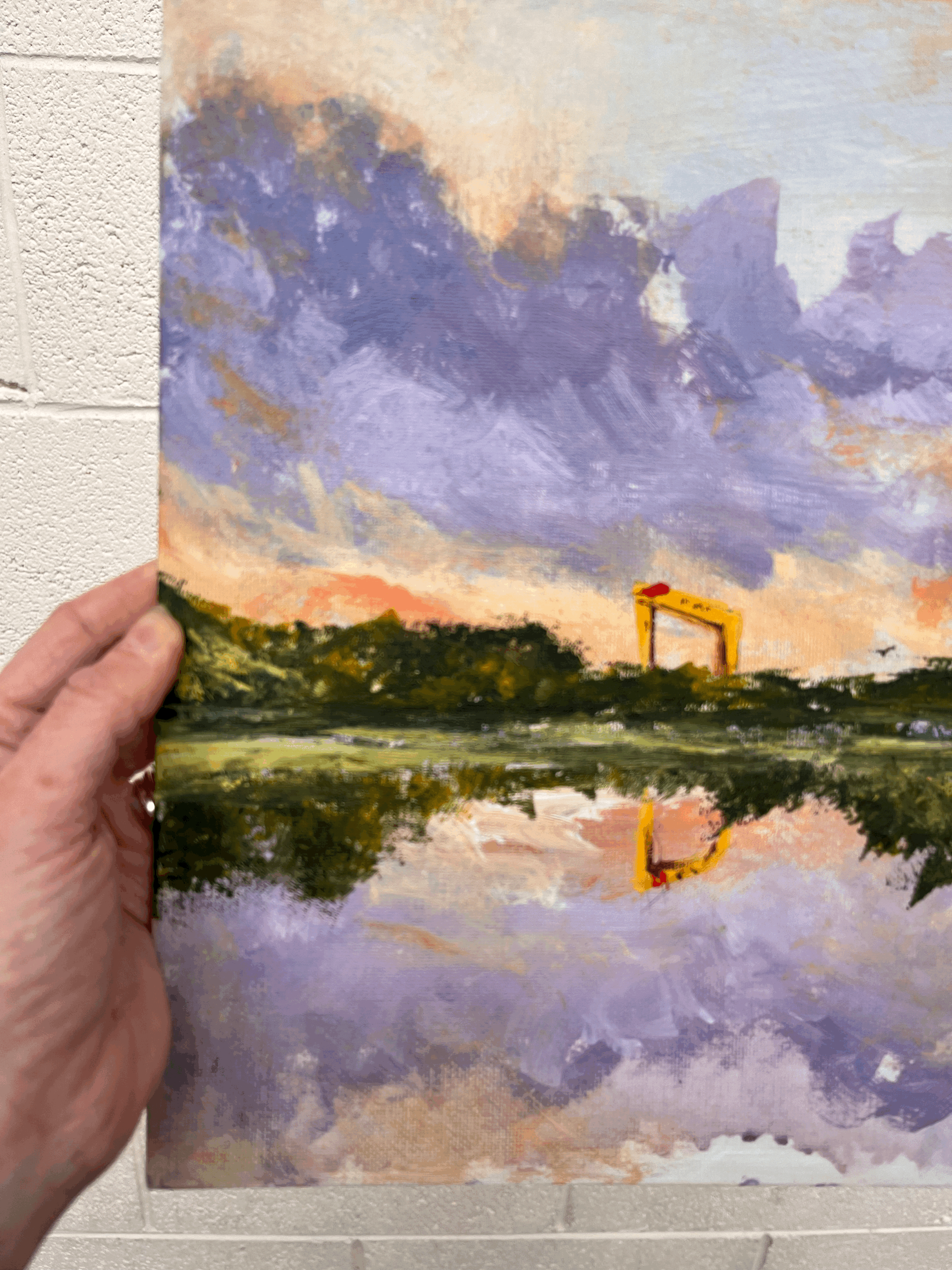 Belfast painting of Harland and Wolff cranes by abstract artist Eimear Campbell
