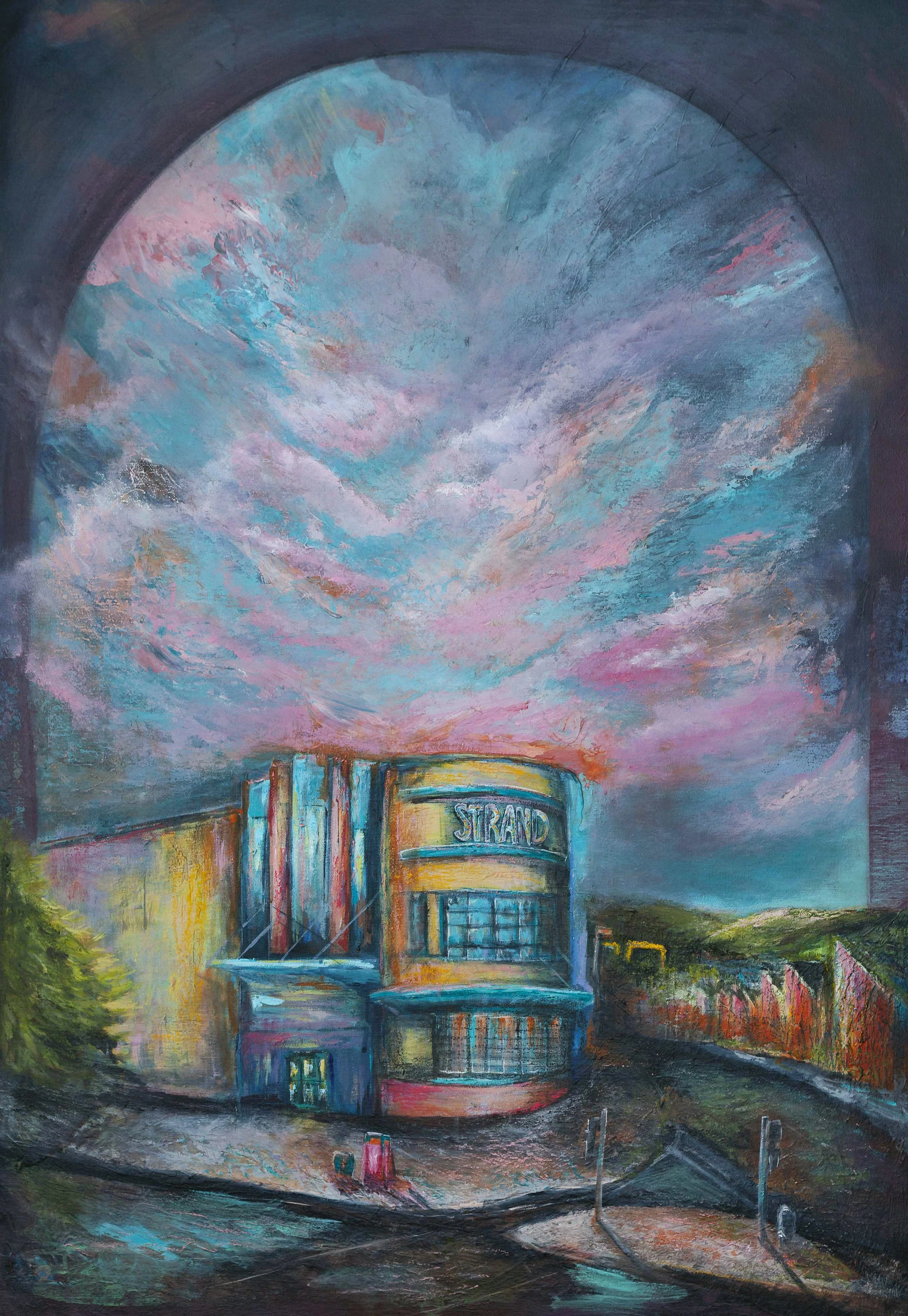 strand cinema painting, belfast art, harland and wolff cranes, slieve donard art, nature painting, irish art print, belfast artist, abstract art