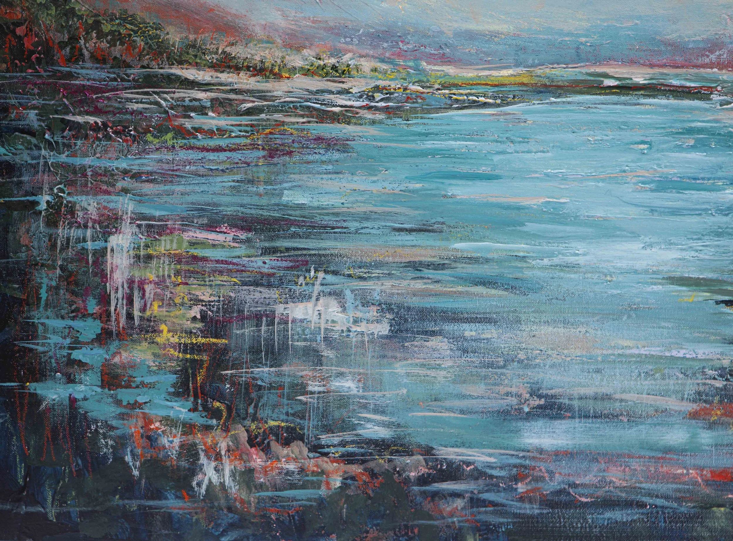 Original art abstract colourful landscape water painting by Irish artist Eimear Campbell
