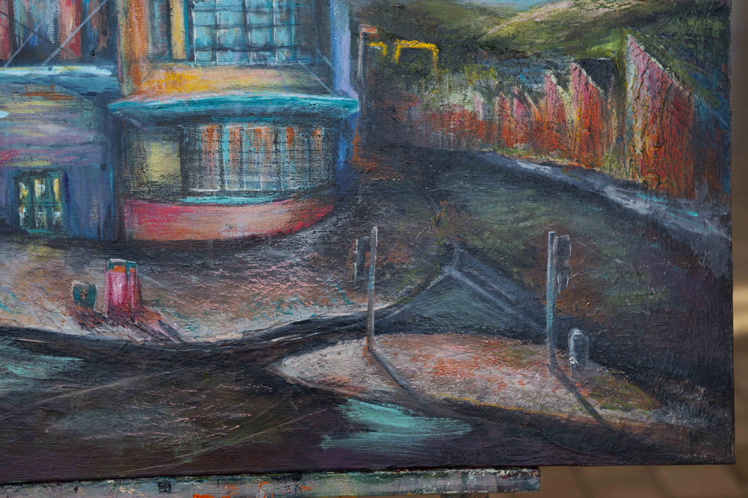 strand cinema painting, belfast art, harland and wolff cranes, slieve donard art, nature painting, irish art print, belfast artist, abstract art