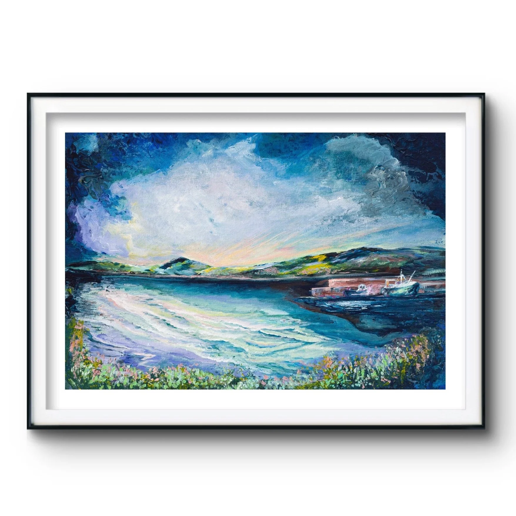 Painting of Carlingford lough, county louth art, Irish art print, boats sailing art, abstract landscape, Belfast artist Eimear Campbell