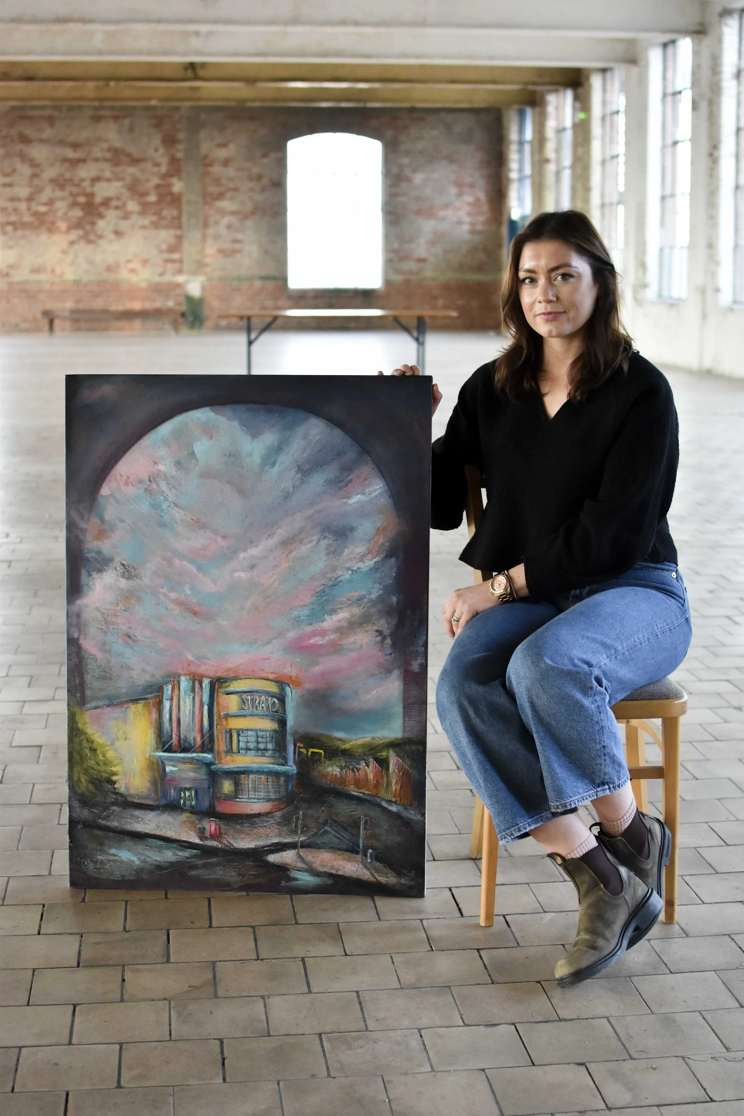 strand cinema painting, belfast art, harland and wolff cranes, slieve donard art, nature painting, irish art print, belfast artist, abstract art